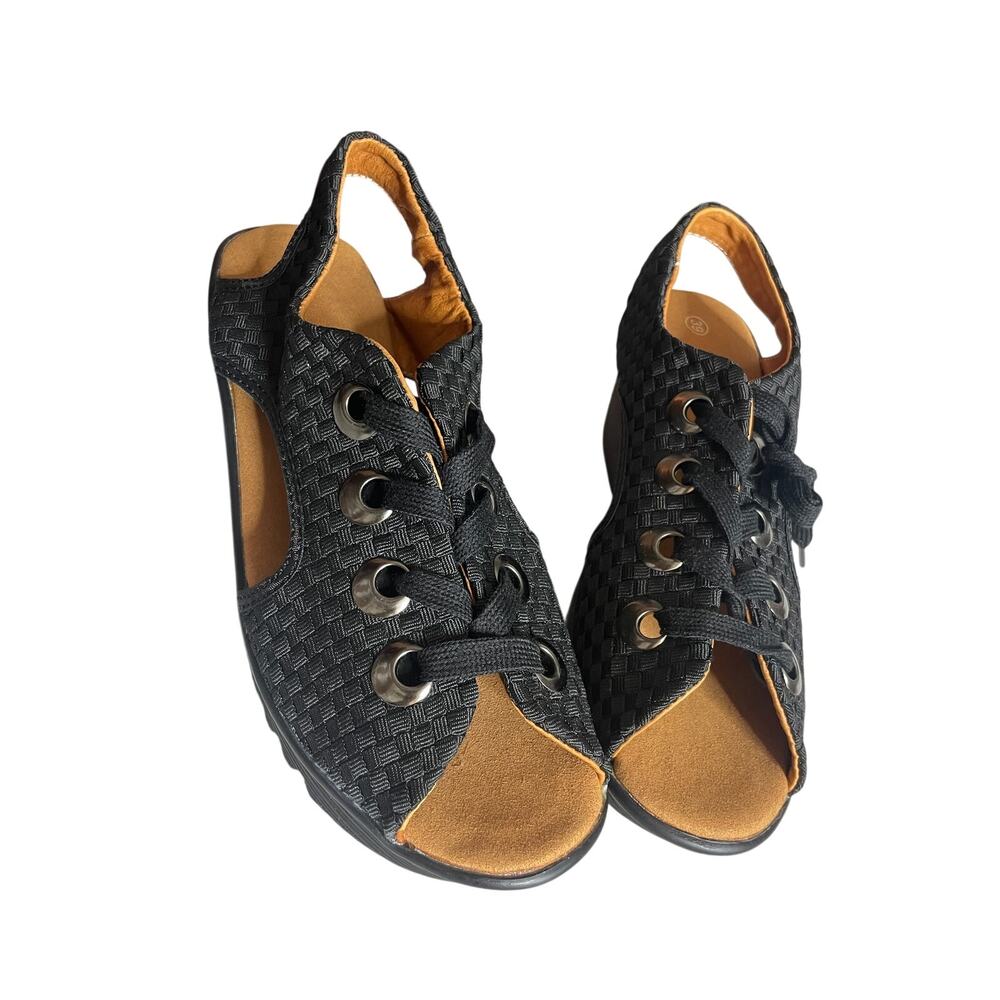 Bernie Mev Marcelo Lace Up Sandal Women 8/39 Black Boho Woven 2.75" Wedge NWOB - Picture 4 of 9